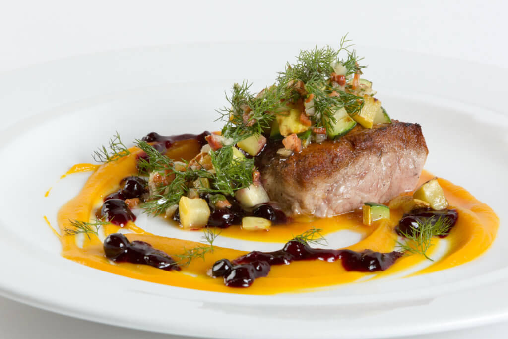 Pan Seared Blodgett Creek Pork Loin, Butternut Squash Puree, Local Huckleberries, Summer Squash and Fennel Salad, cuisine