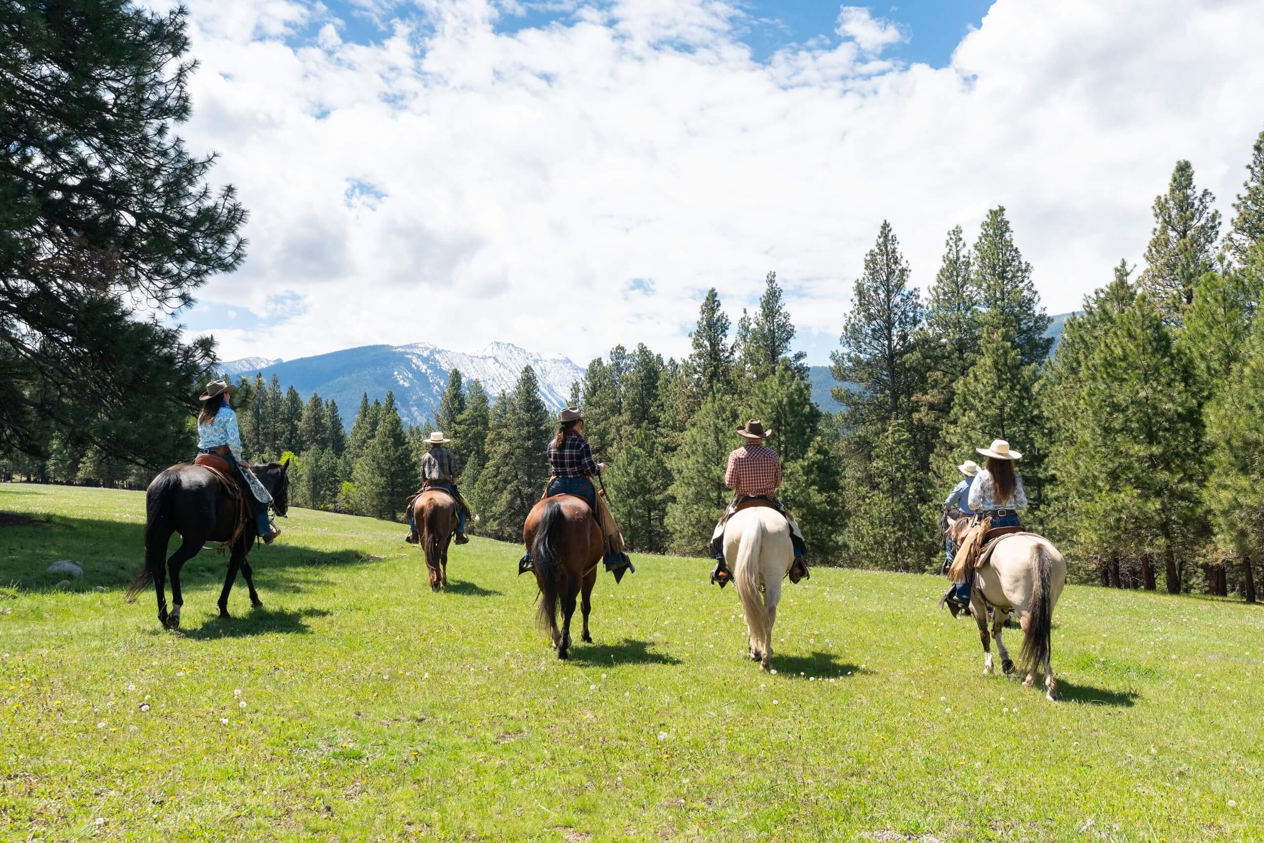 Guests on a scenic horse back ride with mountain views.