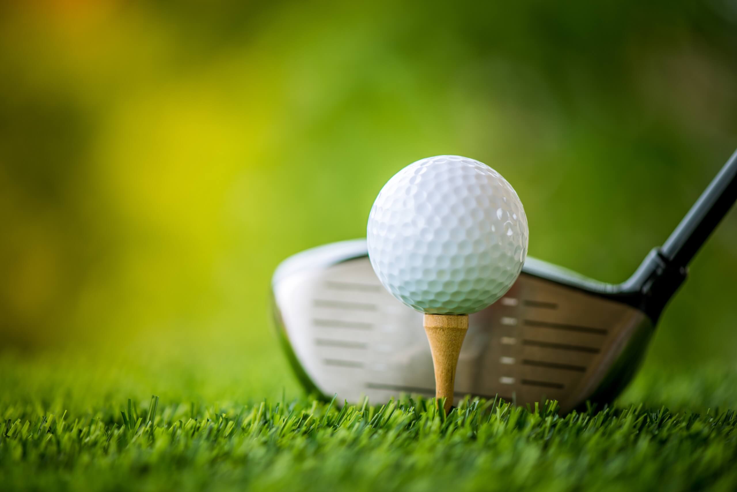 Golf ball and golf club resting in the grass