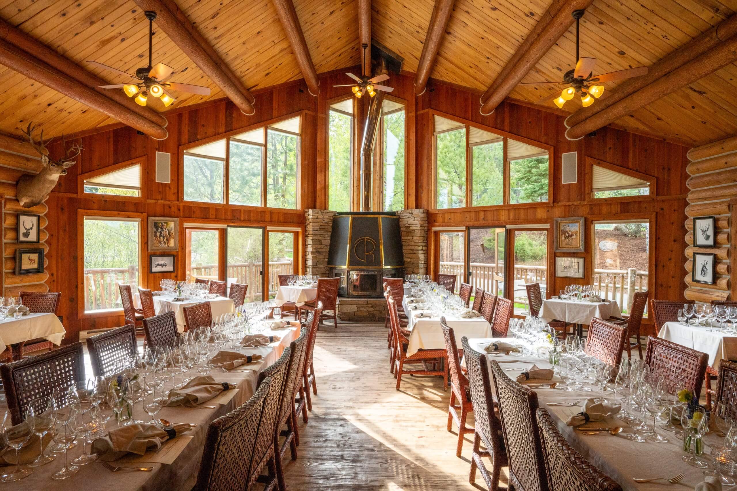 Table in the dining room set up for a wine pairing dinner.