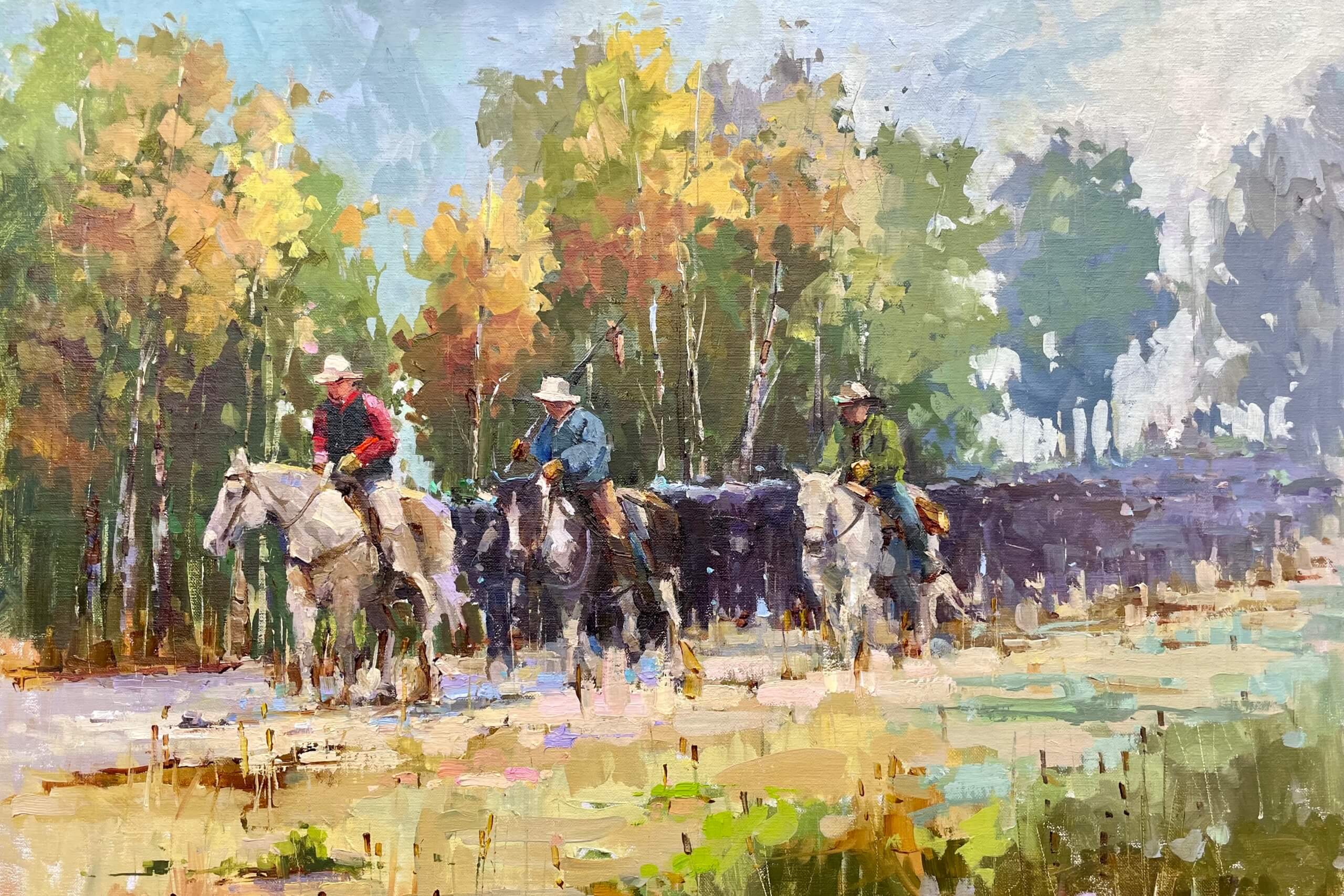 Moving the Herd painting of Cowboys moving a herd of cattle across a fall landscape.