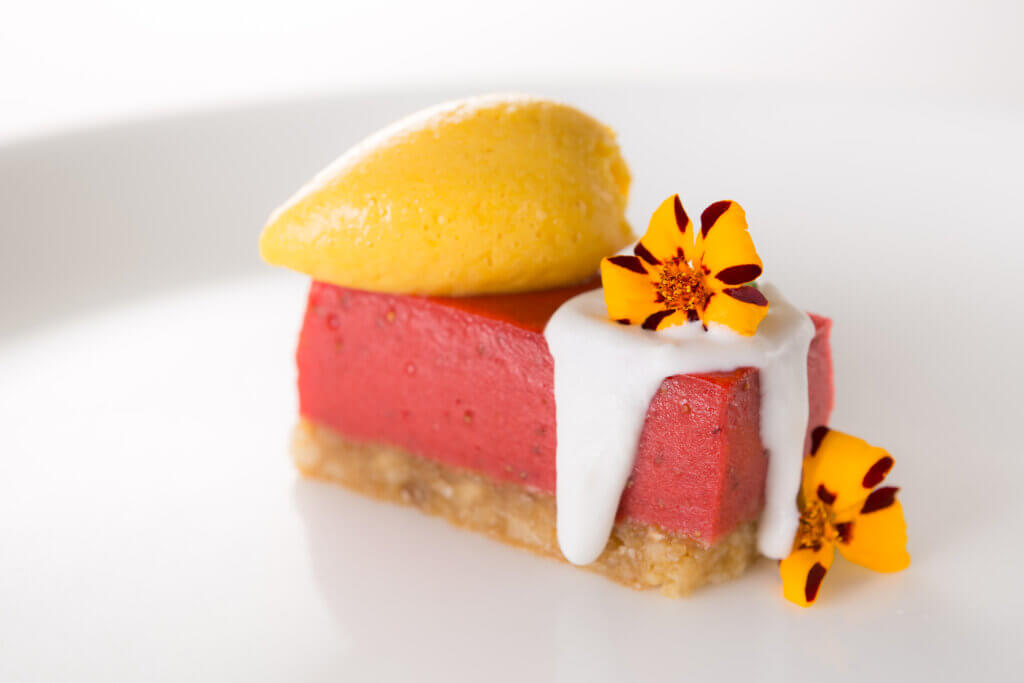 Strawberry Cremeux with a Macadamia Crust, Passion Fruit and Coconut Cream Culinary Plating Class, cuisine