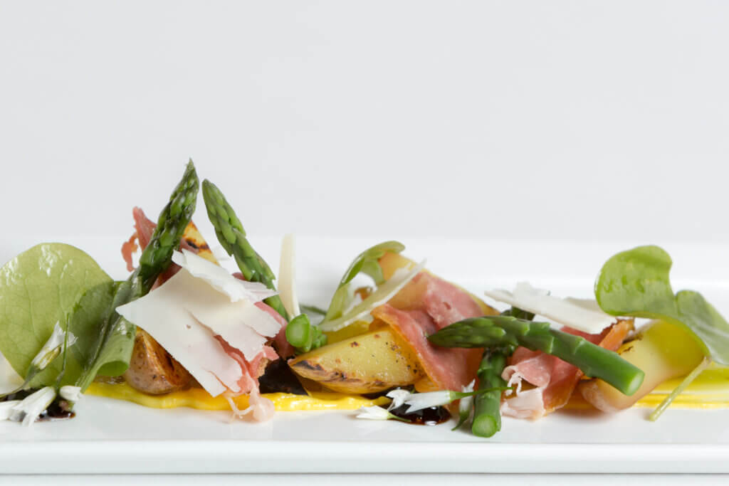 Salad of Grilled Yukon Golds, Spring 
Asparagus, Pecorino Romano, Prosciutto, Miner's Lettuce and Saffron Aioli Cuisine