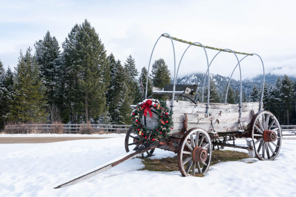 Wagon in Snow with Christmas Wreath