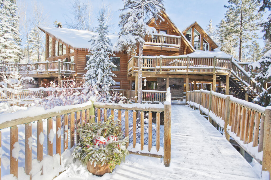 Main Lodge in Winter Snow with Christmas Decoration
