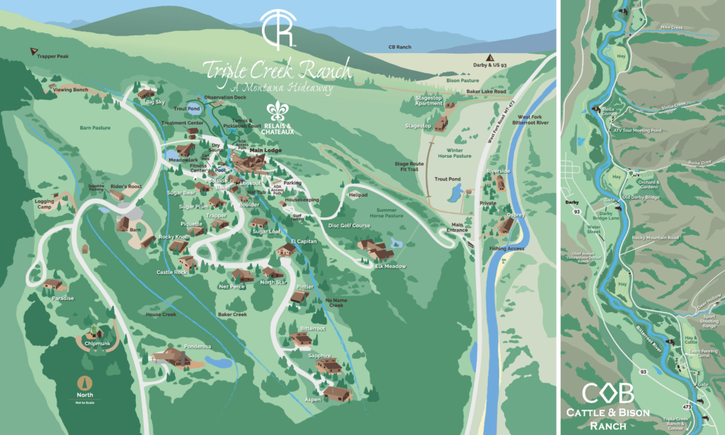 Triple Creek Ranch Property Map and sister ranch the C Diamond B Cattle and Bison Ranch Property Map